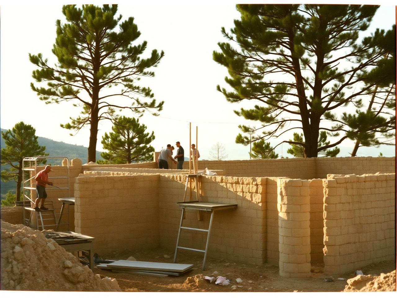 Archival photograph of a Frangoudes construction site in the Limassol countryside in the 1990s, stone walls being raised under pine trees