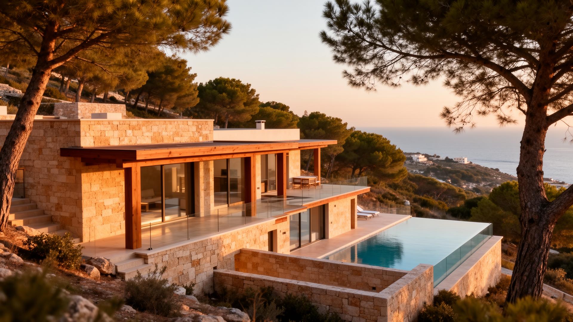 Boutique stone and timber villa on a Souni hillside, surrounded by pine trees with a Mediterranean sea view