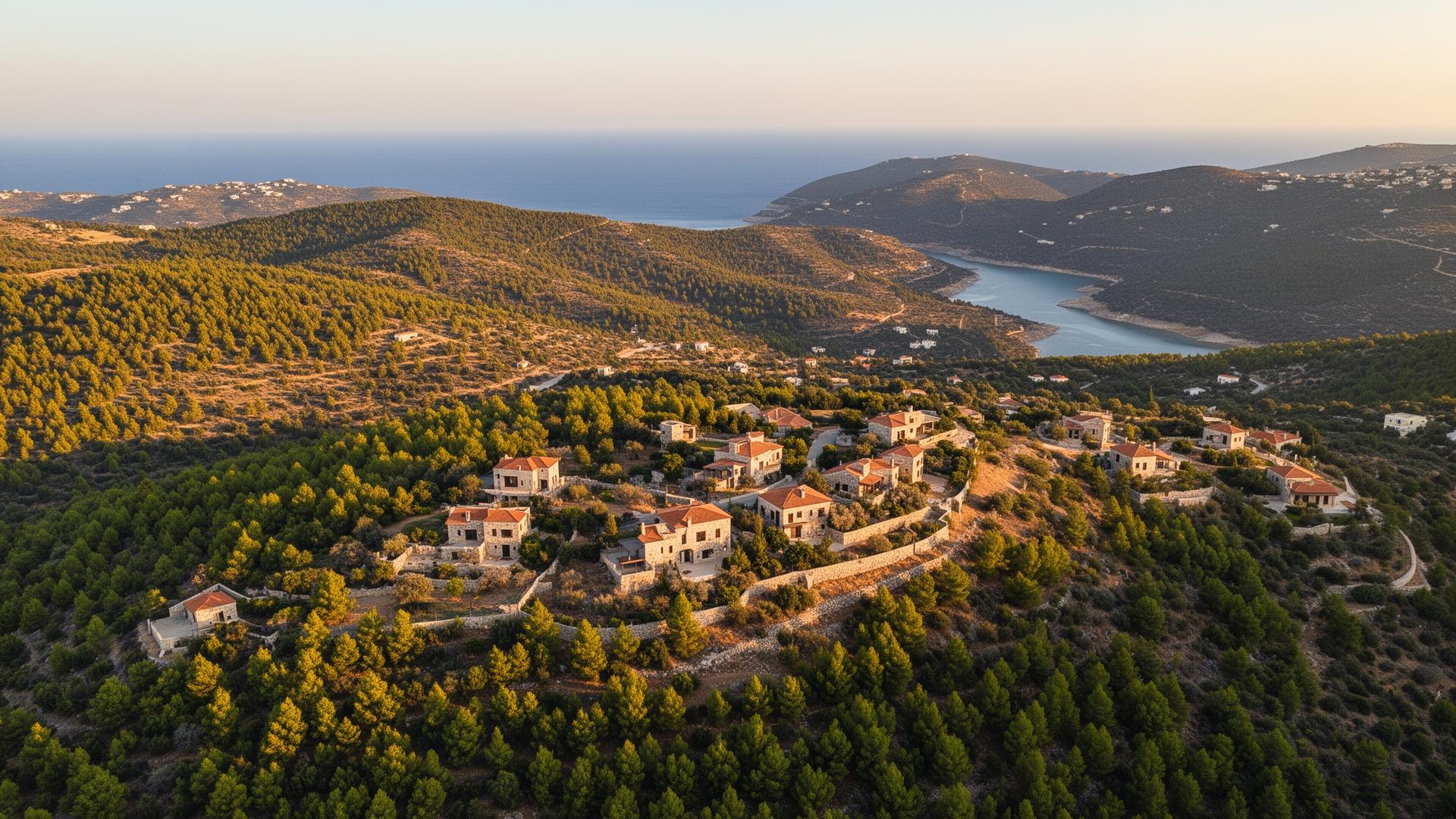 Aerial view of Souni village in Cyprus, pine-forested hills meeting the Mediterranean coast